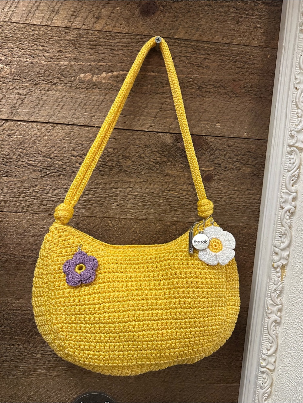 The Sak Yellow Crochet Shoulder Bag Floral Boho Hobo Purse